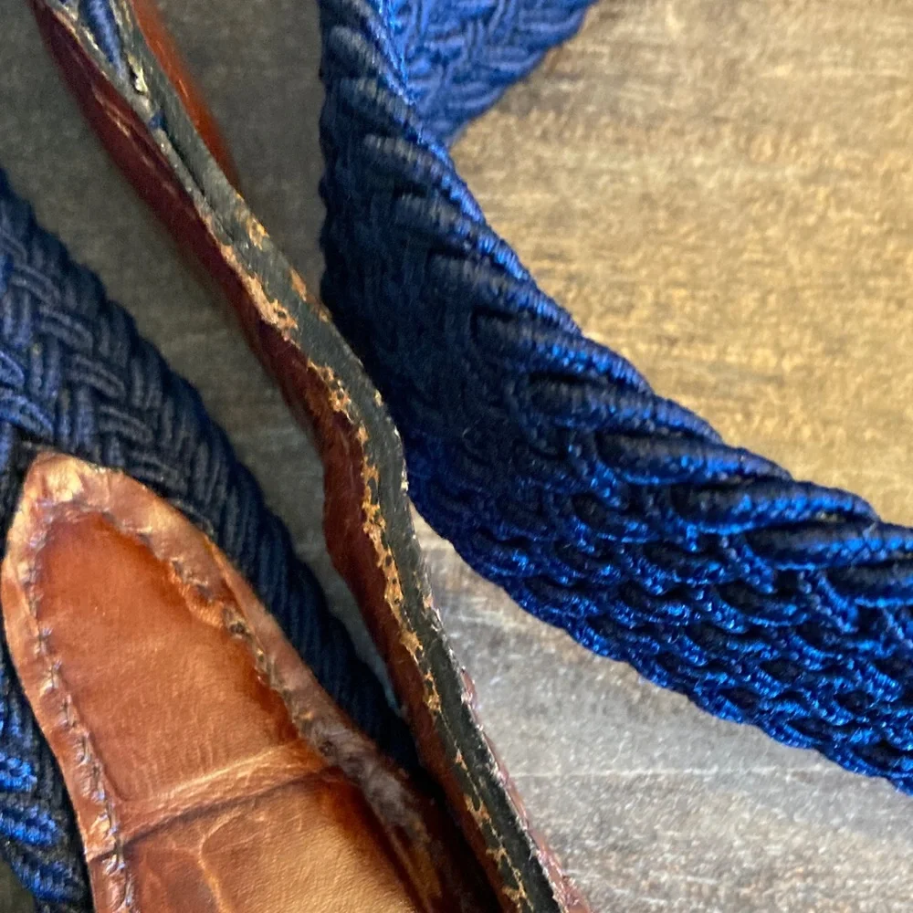 Men's Blue Brown‎ Stretch Woven Belt Size 46 Preppy Casual Classic Brass Buckle